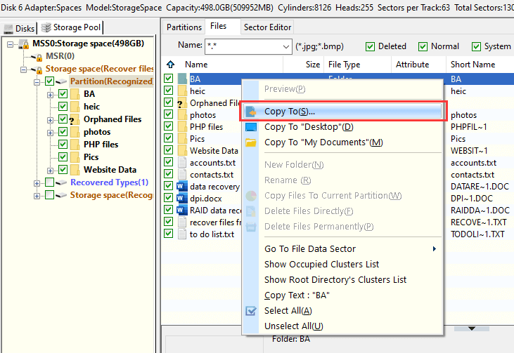 recover data from Windows 10 Storage space